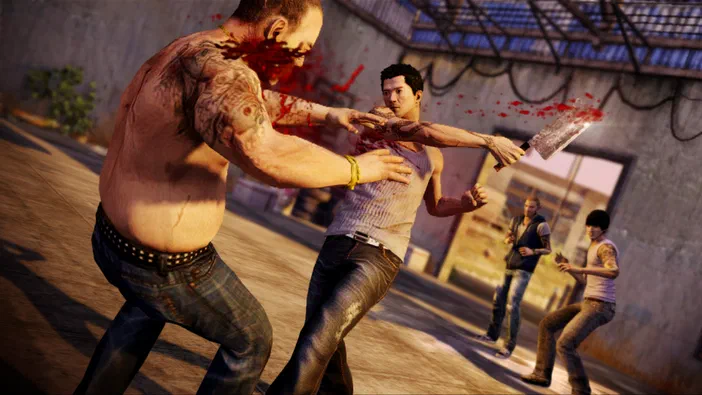 Capture de jeu vidéo Sleeping Dogs™ montrant un combat urbain avec des personnages armés et du sang projeté.