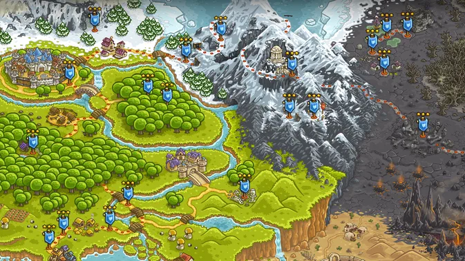 Carte de jeu Kingdom Rush montrant un château, des forêts et une chaîne montagneuse avec plusieurs points d'intérêt.