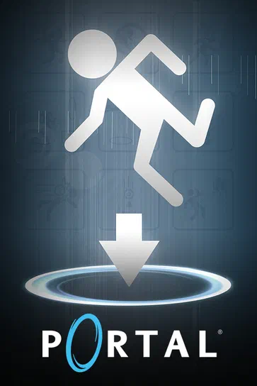Illustration du jeu vidéo Portal montrant un personnage blanc tombant dans une porte bleue avec le titre en bas.