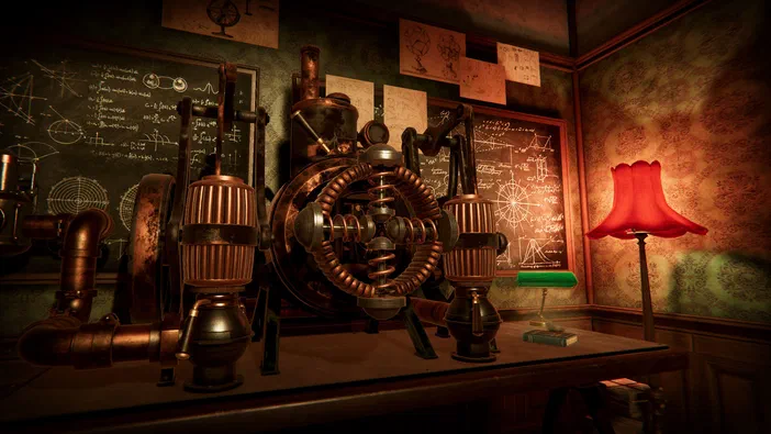 Une capture d'écran du jeu vidéo The Room 4: Old Sins montrant un mécanisme complexe en cuivre sur une table dans une pièce aux murs ornés de schémas techniques et éclairée par des lampes rouges.