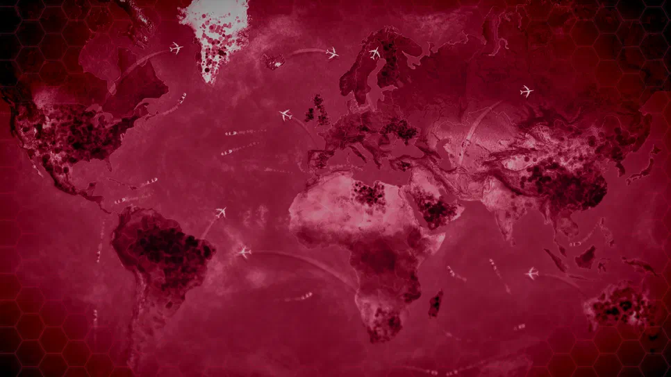 Plague Inc: Evolved Carte du monde en teinte rouge avec des points noirs représentant la propagation d'une maladie et des icônes d'avions.
