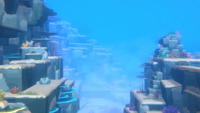 Vue sous-marine de l'océan dans le jeu vidéo Dave the Diver, avec des formations rocheuses et du corail coloré.
