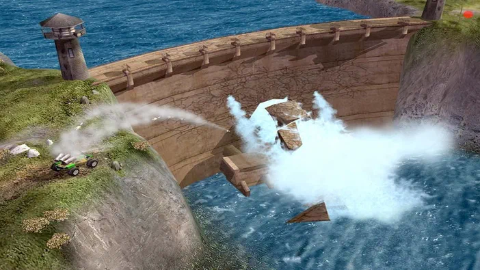 Dans Command & Conquer™: Generals, un véhicule lance des roquettes qui explosent contre une digue en béton fissurée au bord de l'eau.