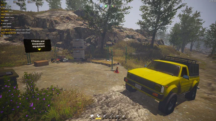 Capture d'écran du jeu Dinosaur Fossil Hunter montrant une camionnette jaune stationnée près de rochers et d'arbres dans un environnement extérieur.
