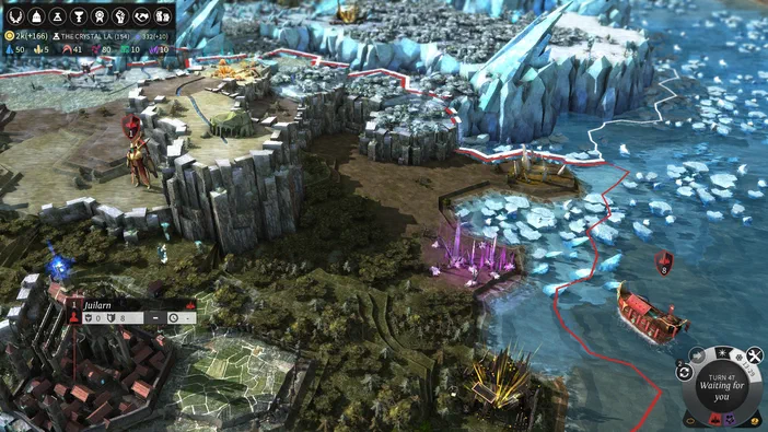 Capture d'écran du jeu de stratégie ENDLESS Legend™ montrant une carte avec des unités et des structures sur un terrain mixte.