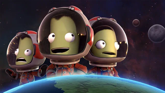 Trois Kerbal en combinaison spatiale flottent devant la Terre et des planètes dans l'espace pour le jeu vidéo Kerbal Space Program.