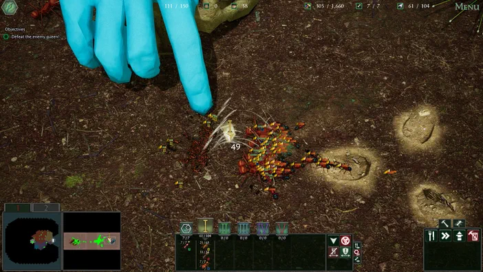 Capture d'écran du jeu vidéo Empires of the Undergrowth montrant une fourmilière rouge en combat avec des insectes jaunes sur un sol brun.