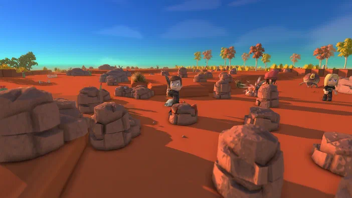 Capture d'écran du jeu vidéo Dinkum montrant un personnage dans une arène désertique avec des rochers et d'autres joueurs en arrière-plan.
