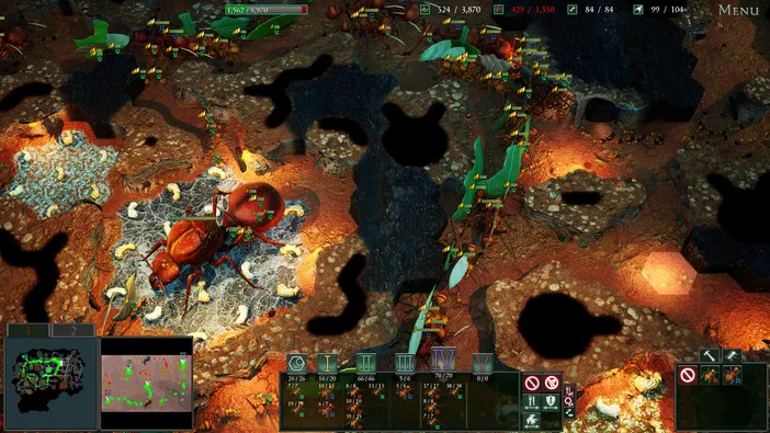 Capture d'écran du jeu vidéo Empires of the Undergrowth montrant une vue de dessus sur un terrain souterrain avec des insectes et des ressources.