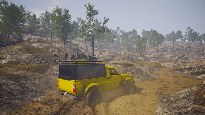 Dans le jeu vidéo Dinosaur Fossil Hunter, une camionnette jaune avec un capot noir traverse un terrain boueux et rocailleux parsemé d'arbres.