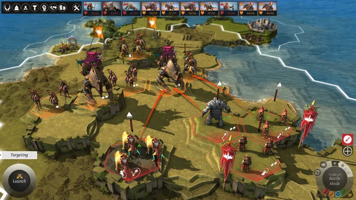 Capture d'écran du jeu de stratégie ENDLESS Legend™ montrant une bataille sur un plateau hexagonal avec des unités et des bâtiments.