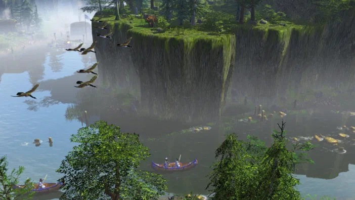 Capture d'écran du jeu vidéo Age of Empires III montrant deux canoës sur une rivière avec des oiseaux en vol et un plateau rocheux verdoyant.