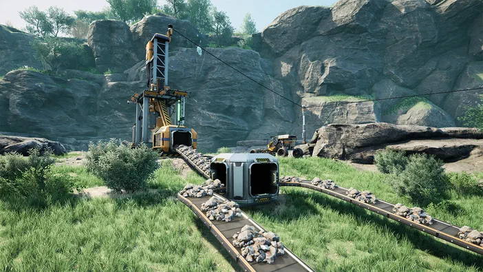 Capture d'écran du jeu vidéo Satisfactory montrant une usine automatisée en plein air qui transporte des rochers sur un tapis roulant.
