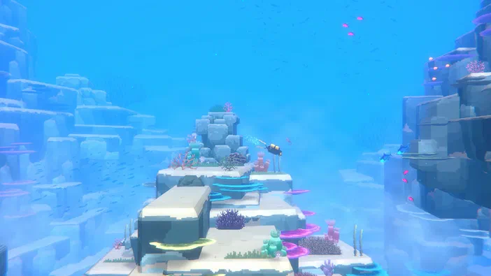 Capture d'écran du jeu vidéo Dave the Diver montrant un personnage plongeur au centre d'un environnement sous-marin coloré avec des coraux et des poissons.