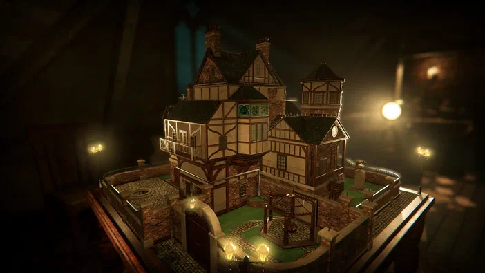 Vue d'un modèle architectural détaillé de style Tudor dans le jeu The Room 4: Old Sins