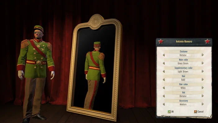 Dans le jeu vidéo Tropico 5, un personnage nommé Antonio Romero est affiché avec son costume de dictateur vert et marron. À gauche se trouve la vue avant du personnage portant des lunettes d'aviateurs, au centre une grande glace montre sa silhouette arrière, et à droite un panneau détaille les options de personnalisation comme le choix du costume 'Dictator', la couleur principale 'Grass Green', ainsi que ses accessoires.