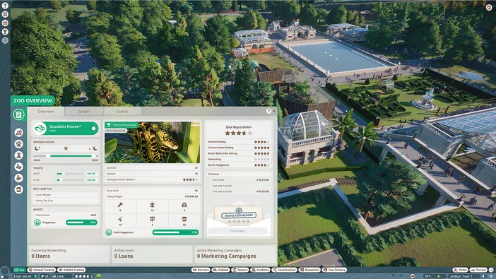 Capture d'écran du jeu Planet Zoo montrant une vue aérienne d'un zoo avec des enclos et des visiteurs.