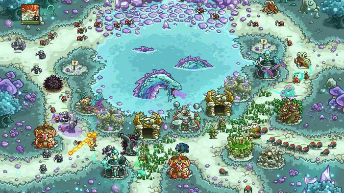 Capture d'écran du jeu Kingdom Rush Origins montrant une carte de stratégie avec des tours et des ennemis autour d'un lac.