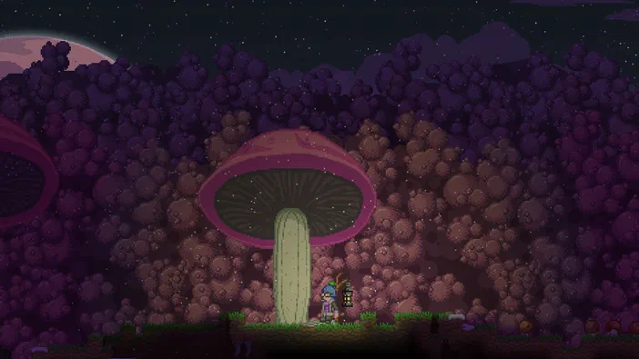 Capture d'écran du jeu vidéo Starbound montrant un personnage tenant une lanterne devant des champignons géants dans un paysage pixelisé sous la nuit étoilée.