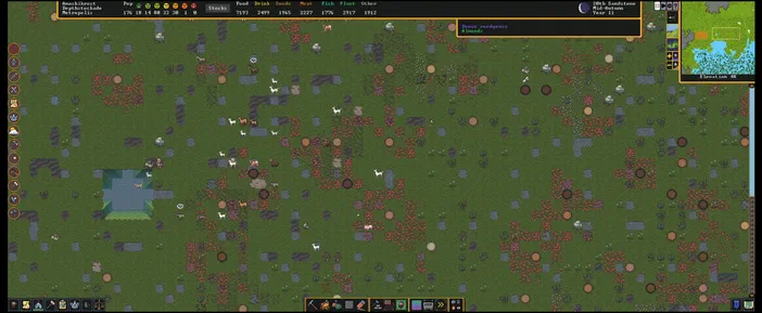 Capture d'écran du jeu vidéo Dwarf Fortress montrant une vue en haut de la carte avec des ressources et des bâtiments.