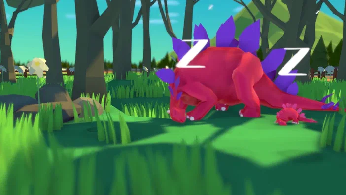 Dans le jeu vidéo Parkasaurus, un dinosaure Stegosaur rose et violet dort dans une forêt ensoleillée avec ses deux petits.
