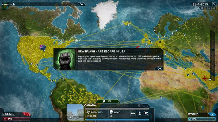 Capture d'écran du jeu Plague Inc: Evolved montrant une carte mondiale avec des alertes sur les États-Unis et le Canada concernant la propagation de singescapes.