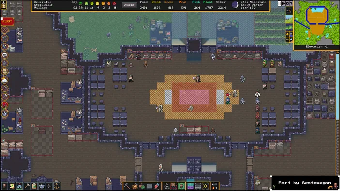 Capture d'écran du jeu de stratégie Dwarf Fortress montrant une base souterraine avec des nains et divers bâtiments.