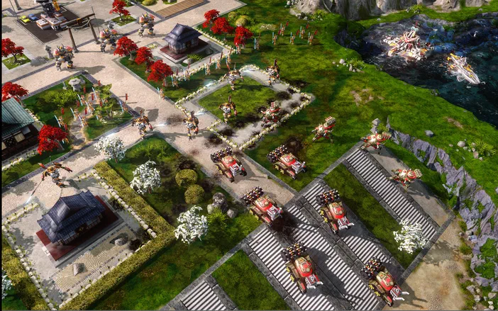 Vue aérienne d'une base japonaise dans Command & Conquer Red Alert 3 Uprising avec des bâtiments traditionnels et une armée de chars rouges.