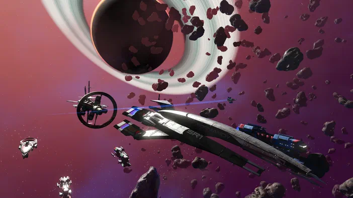 Capture d'écran du jeu vidéo No Man's Sky montrant plusieurs vaisseaux spatiaux au-dessus de planètes et d'astéroïdes dans l'espace.