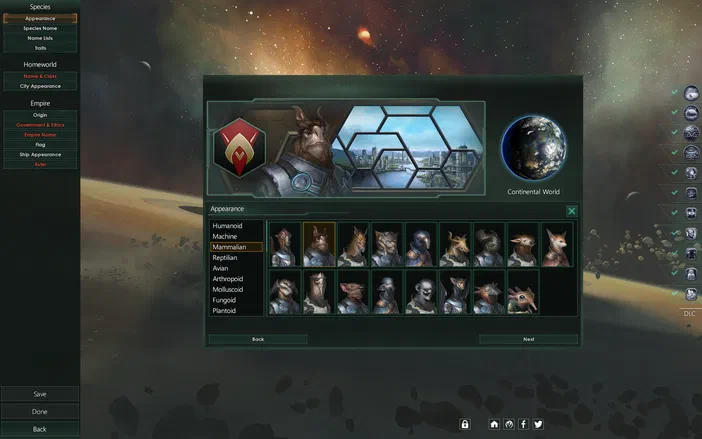 Capture d'écran du jeu Stellaris montrant l'interface de création d'une espèce avec une grille de choix mammalien sélectionnée.