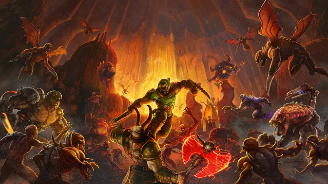 Dans DOOM Eternal, le Slayer affronte une horde de démons dans un décor infernal.