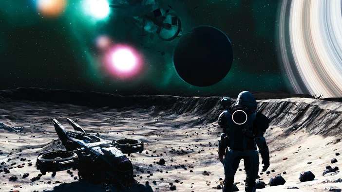 Capture d'écran du jeu vidéo No Man's Sky montrant un astronaute et son vaisseau sur une planète déserte avec des planètes colorées en arrière-plan.