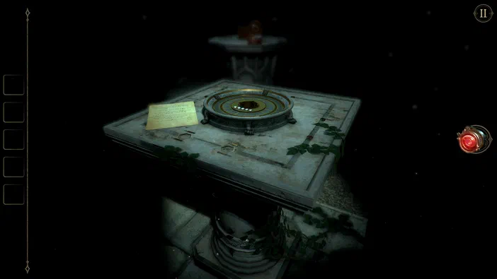 Capture d'écran du jeu vidéo The Room Two montrant une table en pierre avec un mécanisme circulaire et des feuilles.