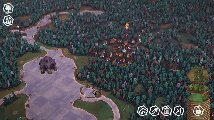 Capture d'écran du jeu vidéo Dorfromantik montrant une vue aérienne de villages entourés de forêts et reliés par des rivières.