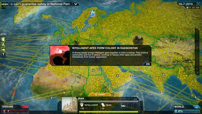 Capture d'écran du jeu vidéo Plague Inc: Evolved montrant une carte mondiale avec des notifications sur la formation de colonies par des singes intelligents au Kazakhstan et l'absence de morts en Iran.