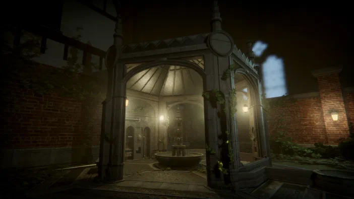 Capture d'écran de The Room 4: Old Sins montrant une structure en pierre avec un bassin central dans une cour sombre.