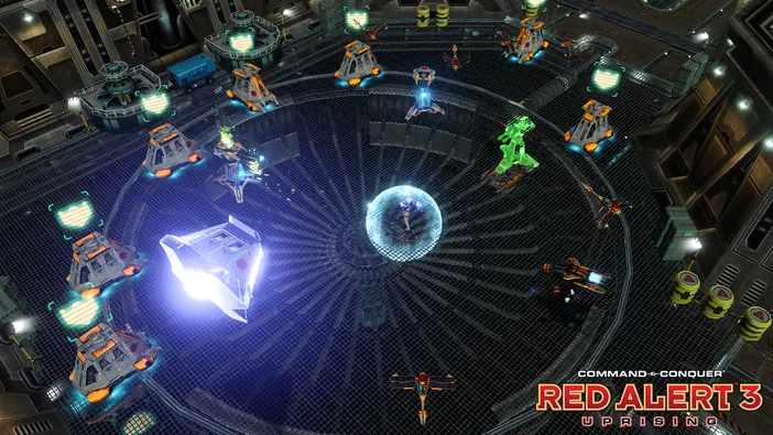 Capture d'écran de Command & Conquer Red Alert 3 Uprising montrant une base militaire avec des véhicules et un globe central.