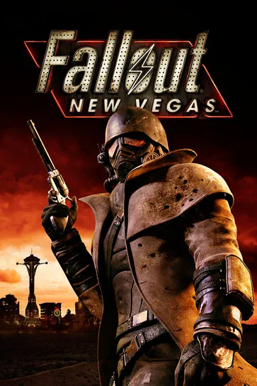 Affiche du jeu vidéo Fallout New Vegas avec un personnage en armure tenant une arme à feu devant le Space Needle.