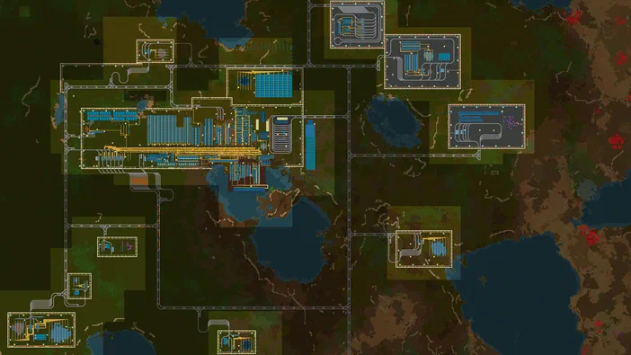 Capture d'écran du jeu Factorio montrant une base industrielle complexe avec des usines et des routes sur un terrain.