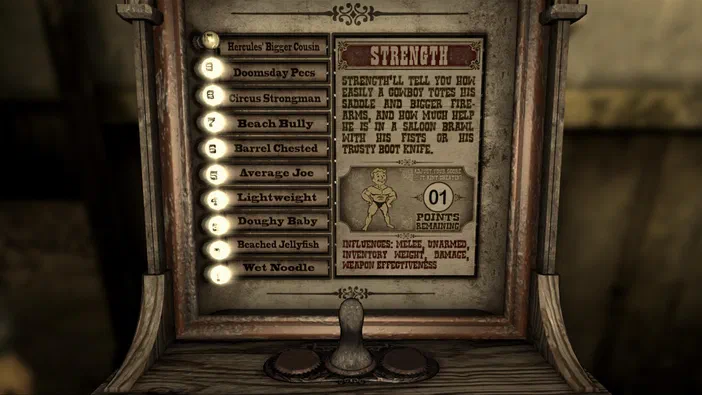 Interface de sélection d'attribut 'Force' dans Fallout: New Vegas avec une liste de niveaux et un score actuel.