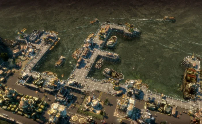 Vue aérienne d'une base industrielle futuriste construite sur l'eau dans le jeu Anno 2070.