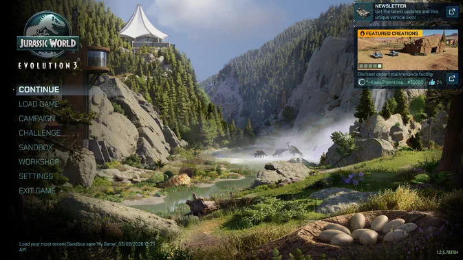 Écran d'accueil du jeu Jurassic World Evolution 3 avec des options de menu et un paysage montagneux.