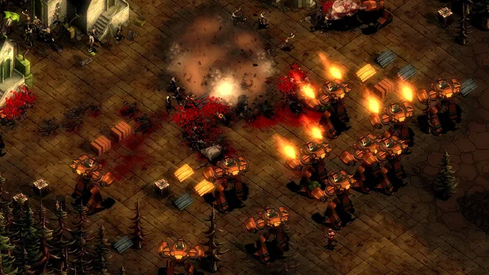 Dans le jeu vidéo They Are Billions, des robots de défense tirent sur une horde d'ennemis dans un environnement urbain en ruine.