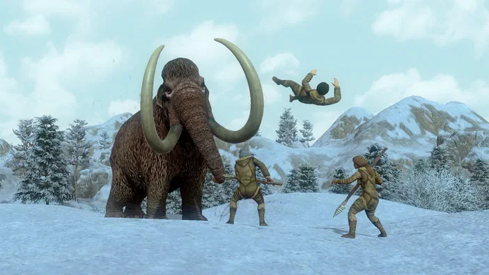 Capture d'écran du jeu vidéo Dawn of Man montrant un mammouth et des chasseurs préhistoriques dans une scène de neige.
