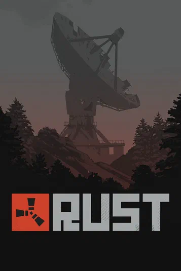 Affiche du jeu vidéo Rust montrant une antenne parabolique sur un terrain boisé au coucher du soleil