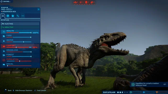 Capture d'écran du jeu Jurassic World Evolution montrant un Indominus Rex avec ses statistiques affichées à gauche.