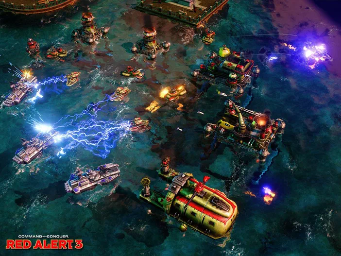 Capture d'écran du jeu vidéo Command & Conquer Red Alert 3 montrant une bataille navale avec des vaisseaux et installations en action.