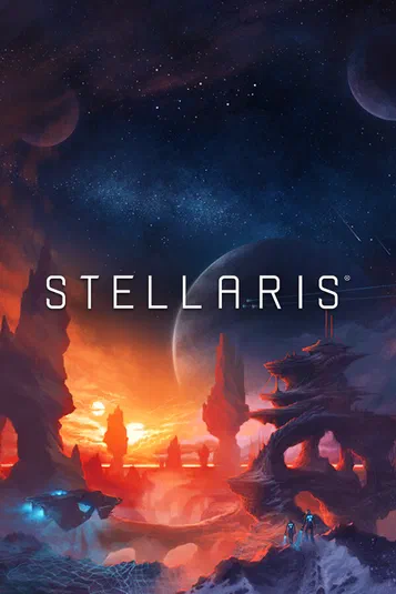 Affiche du jeu vidéo Stellaris montrant un paysage extraterrestre avec des planètes en arrière-plan et le titre STELLARIS au centre.