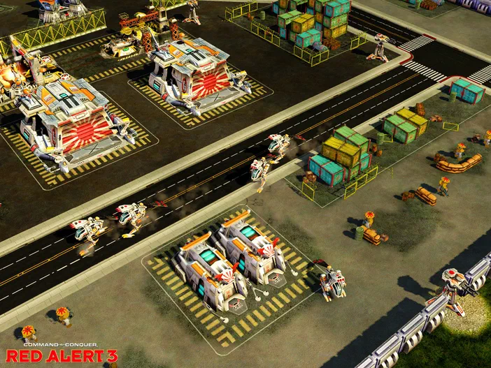 Vue aérienne d'une base militaire du jeu Command & Conquer Red Alert 3 avec des véhicules et bâtiments aux couleurs japonaises.