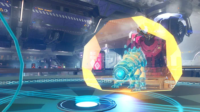 Dans No Man's Sky, un vaisseau spatial futuriste abrite une créature mécanique bleue et un robot rouge dans un environnement de haute technologie.